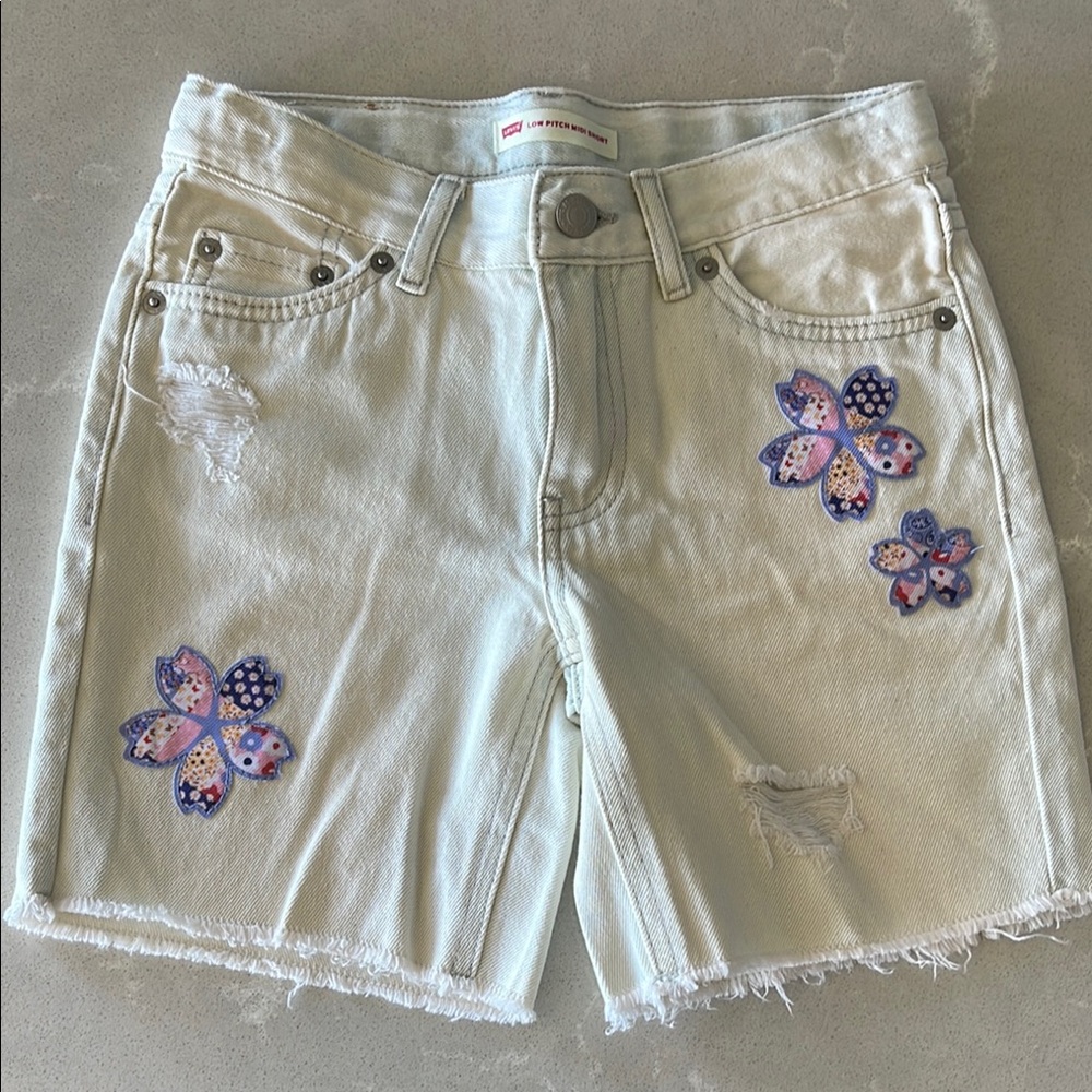 Levi's Girls White Denim Shorts with Butterfly Embroidery